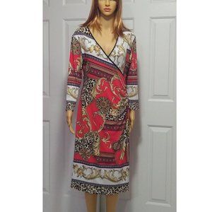 Eva Varro Dress Leopard Chain Print 3/4 Sleeve Faux Wrap Poly Spandex Medium